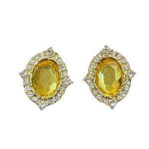 Elegant Gold & Yellow Crystal Clip-On Earrings With Rhinestone Accents